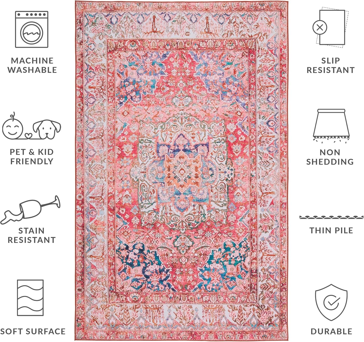 image:imageSAFAVIEH Washable Rug Tucson Collection 4 x 6 Rose amp Beige Slip Resistant amp Easy to Clean Ideal for Foyer Kitchen Nursery Office Bedroom TSN122RRoseBeige