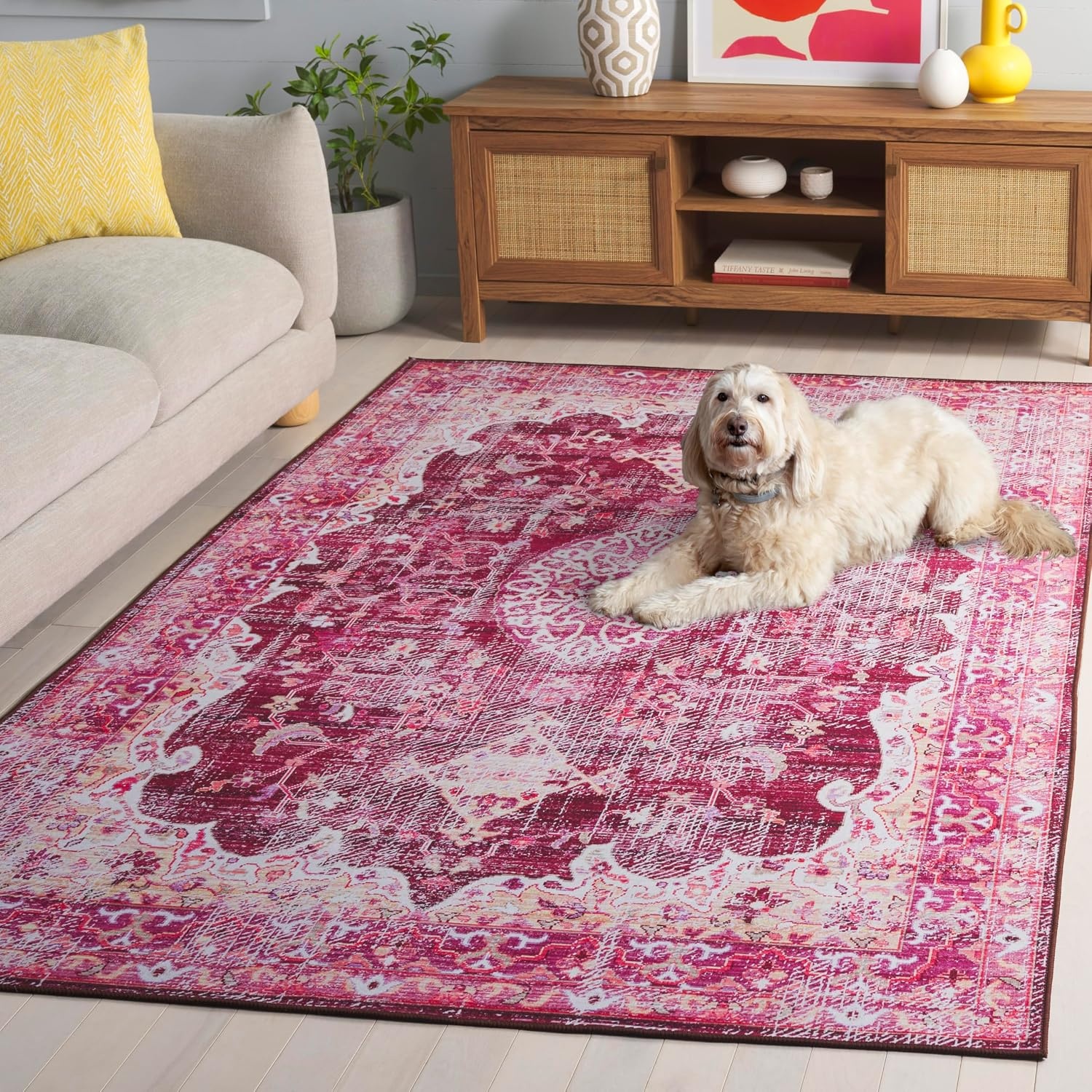 image:imageSAFAVIEH Washable Rug Tucson Collection 5 x 8 Fuchsia amp Purple Slip Resistant amp Easy to Clean Ideal for Living Room Bedroom Dining Space TSN206PBurgundyPink