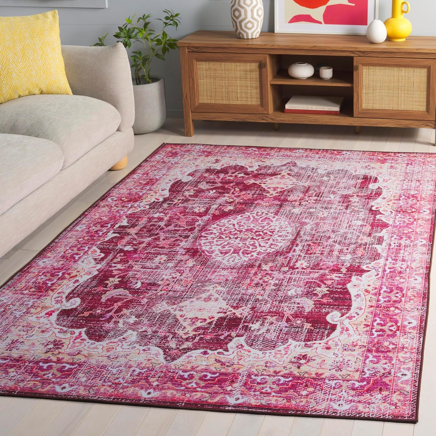 image:imageSAFAVIEH Washable Rug Tucson Collection 5 x 8 Fuchsia amp Purple Slip Resistant amp Easy to Clean Ideal for Living Room Bedroom Dining Space TSN206PBurgundyPink