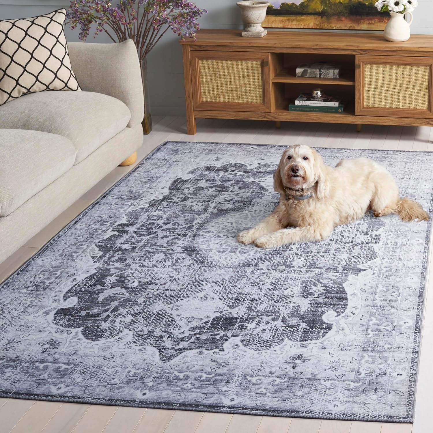 image:imageSAFAVIEH Washable Rug Tucson Collection 5 x 8 Fuchsia amp Purple Slip Resistant amp Easy to Clean Ideal for Living Room Bedroom Dining Space TSN206PDark GreyLight Grey