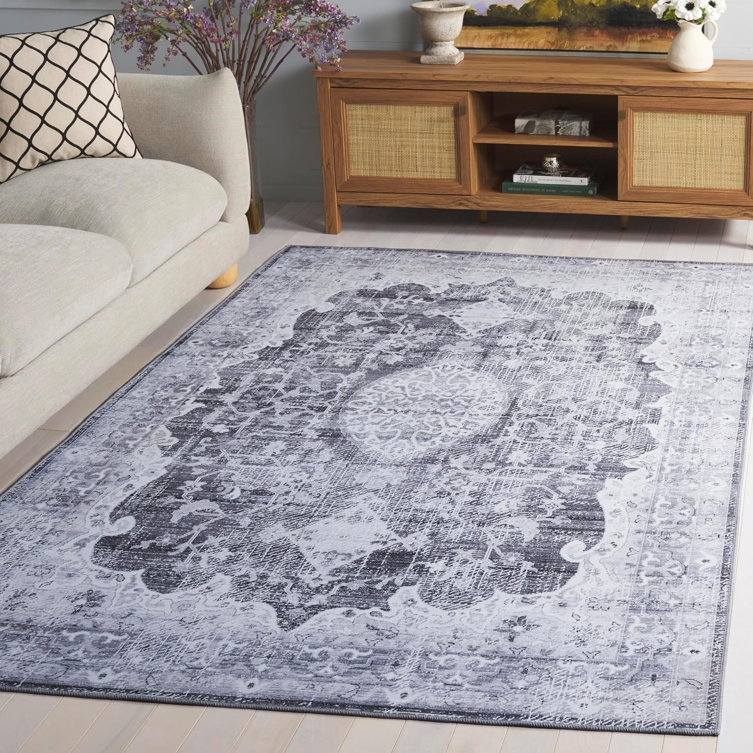 image:imageSAFAVIEH Washable Rug Tucson Collection 5 x 8 Fuchsia amp Purple Slip Resistant amp Easy to Clean Ideal for Living Room Bedroom Dining Space TSN206PDark GreyLight Grey