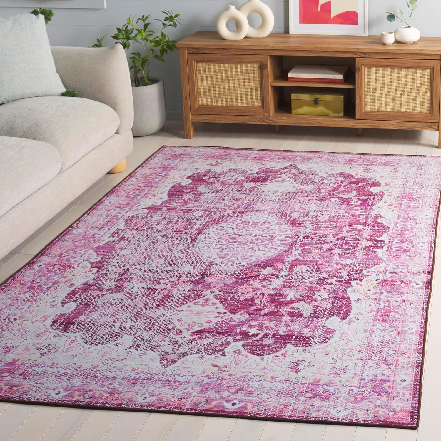 image:imageSAFAVIEH Washable Rug Tucson Collection 5 x 8 Fuchsia amp Purple Slip Resistant amp Easy to Clean Ideal for Living Room Bedroom Dining Space TSN206PFuchsiaPurple