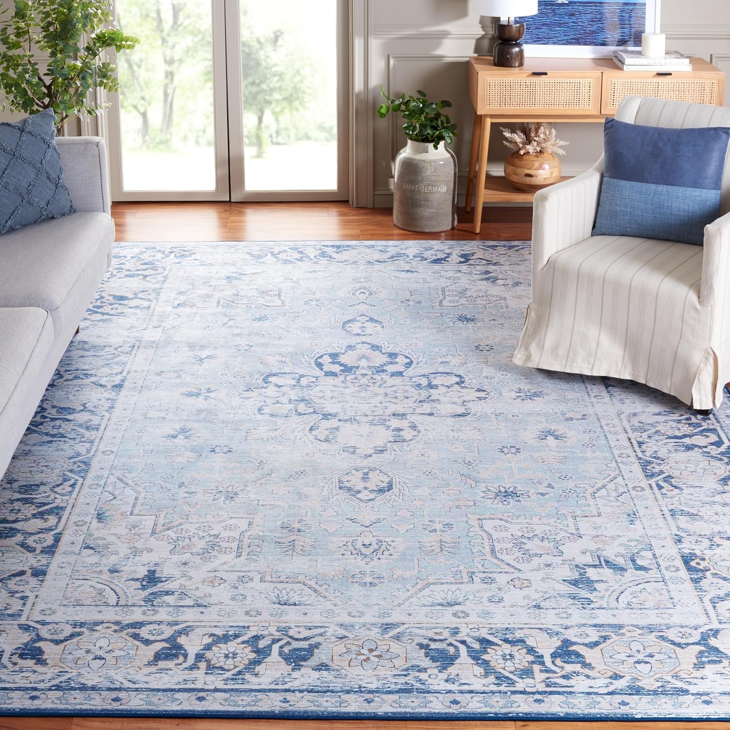 image:imageSAFAVIEH Washable Rug Tucson Collection 5 x 8 Light Blue amp Navy Slip Resistant amp Easy to Clean Ideal for Living Room Bedroom Dining Space TSN147MLight BlueNavy