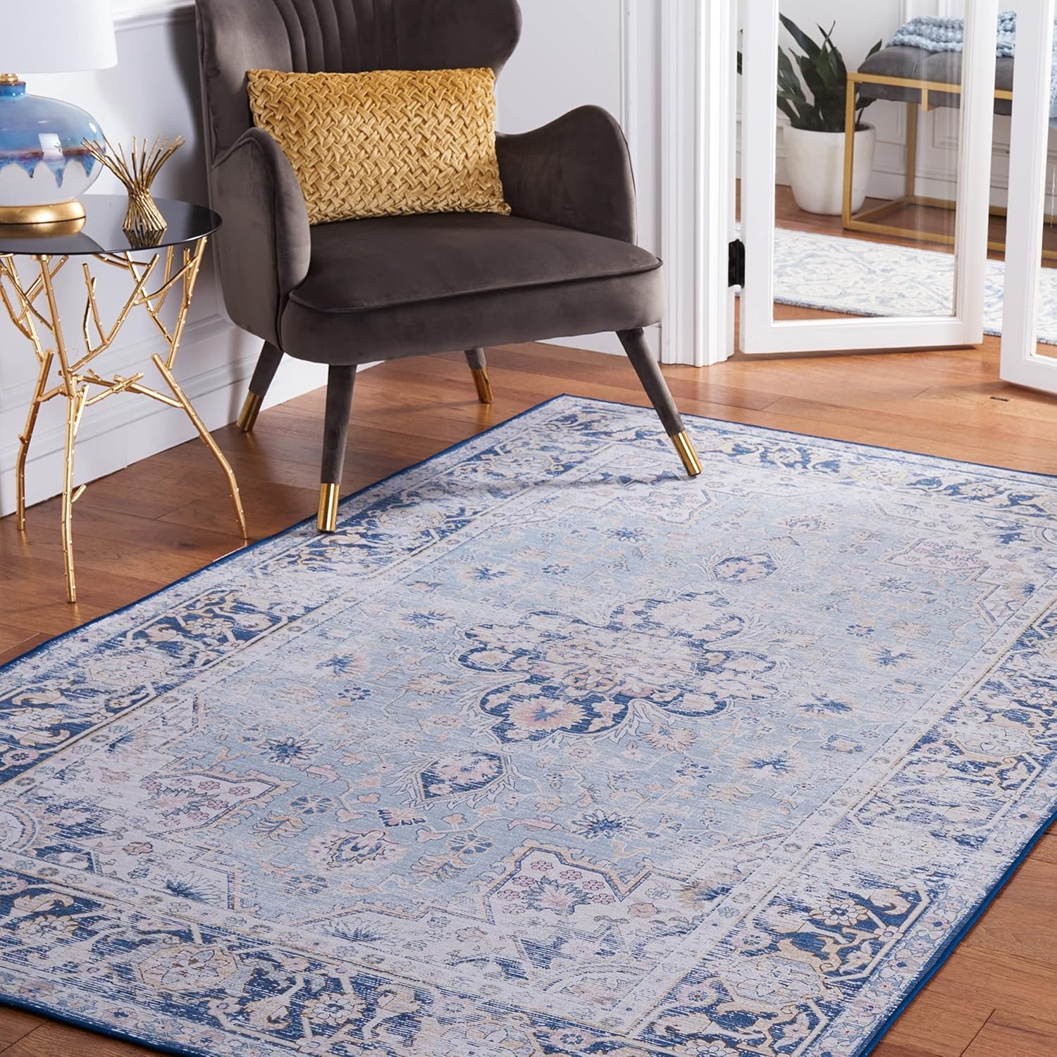 image:imageSAFAVIEH Washable Rug Tucson Collection 5 x 8 Light Blue amp Navy Slip Resistant amp Easy to Clean Ideal for Living Room Bedroom Dining Space TSN147MLight BlueNavy