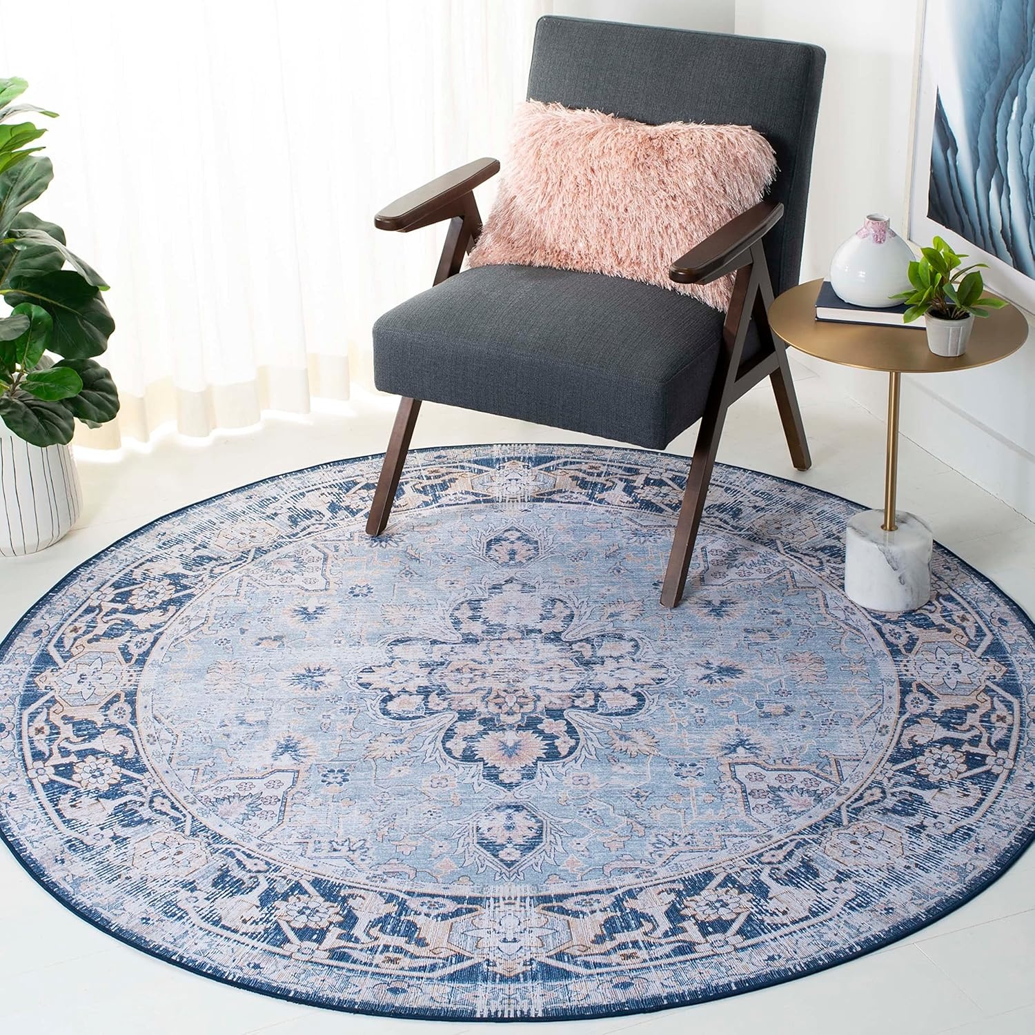image:imageSAFAVIEH Washable Rug Tucson Collection 5 x 8 Light Blue amp Navy Slip Resistant amp Easy to Clean Ideal for Living Room Bedroom Dining Space TSN147MLight BlueNavy