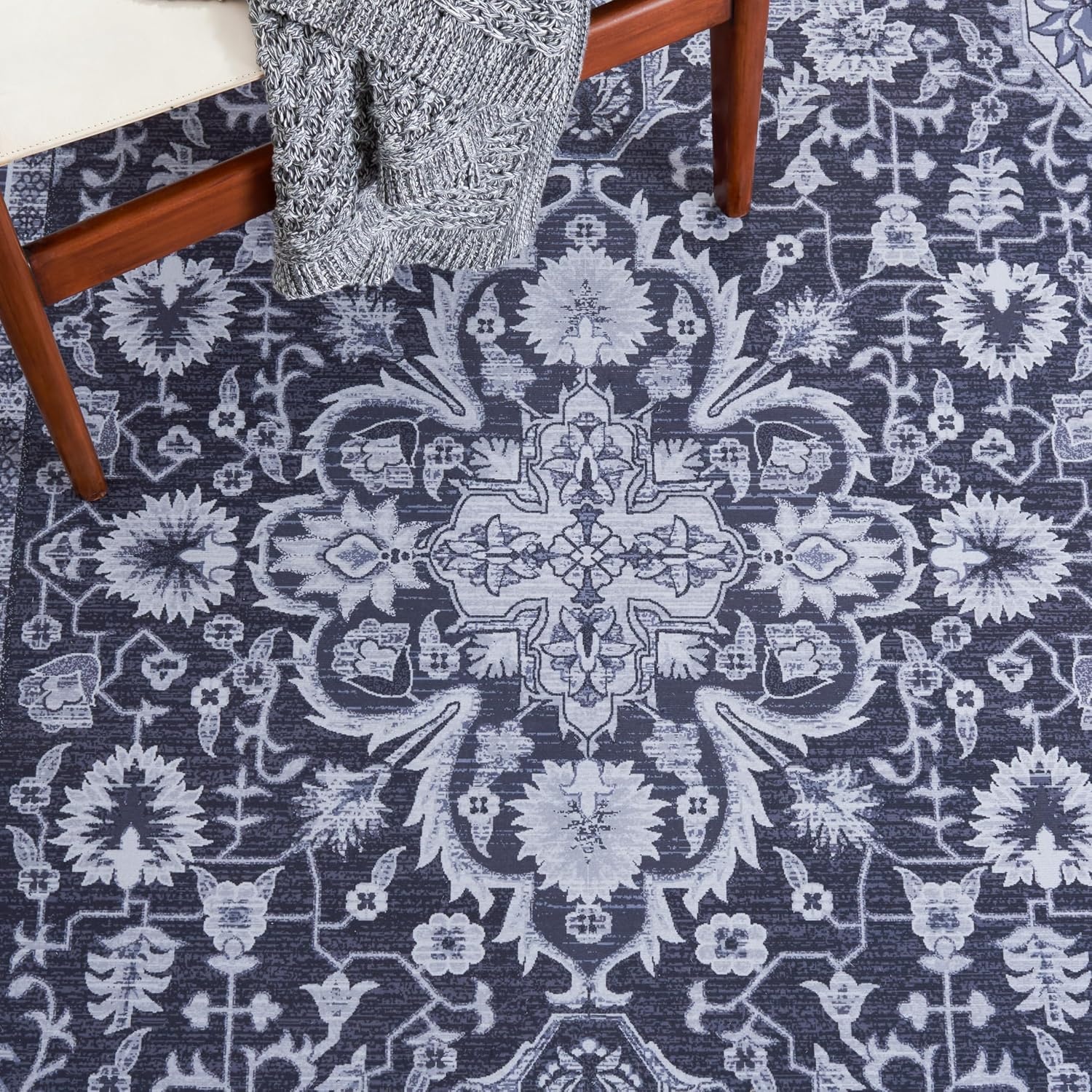 image:imageSAFAVIEH Washable Rug Tucson Collection 5 x 8 Light Blue amp Navy Slip Resistant amp Easy to Clean Ideal for Living Room Bedroom Dining Space TSN147MBlackBeige