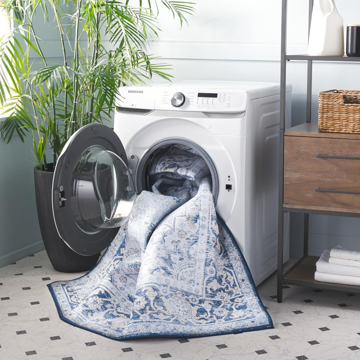 image:imageSAFAVIEH Washable Rug Tucson Collection 5 x 8 Light Blue amp Navy Slip Resistant amp Easy to Clean Ideal for Living Room Bedroom Dining Space TSN147MLight BlueNavy