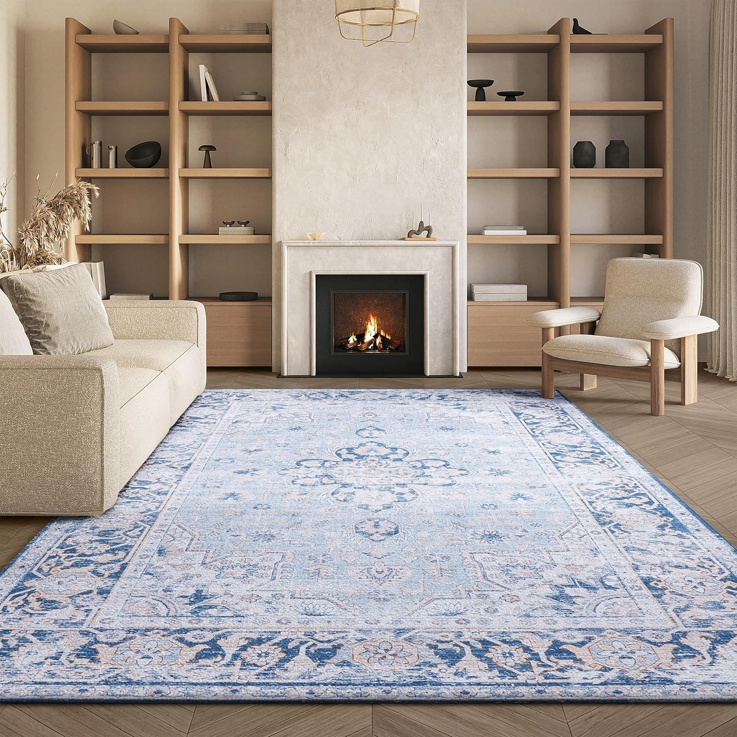 image:imageSAFAVIEH Washable Rug Tucson Collection 5 x 8 Light Blue amp Navy Slip Resistant amp Easy to Clean Ideal for Living Room Bedroom Dining Space TSN147MLight BlueNavy