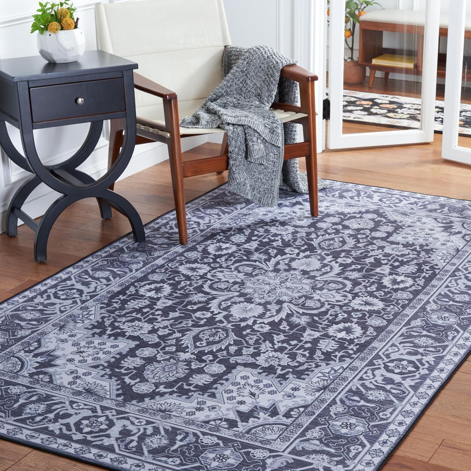 image:imageSAFAVIEH Washable Rug Tucson Collection 5 x 8 Light Blue amp Navy Slip Resistant amp Easy to Clean Ideal for Living Room Bedroom Dining Space TSN147MBlackBeige