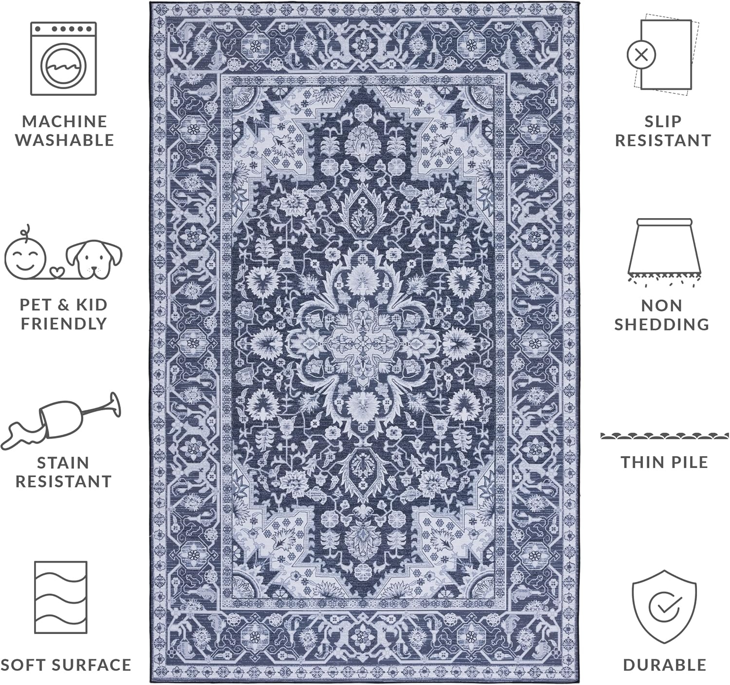 image:imageSAFAVIEH Washable Rug Tucson Collection 5 x 8 Light Blue amp Navy Slip Resistant amp Easy to Clean Ideal for Living Room Bedroom Dining Space TSN147MBlackBeige