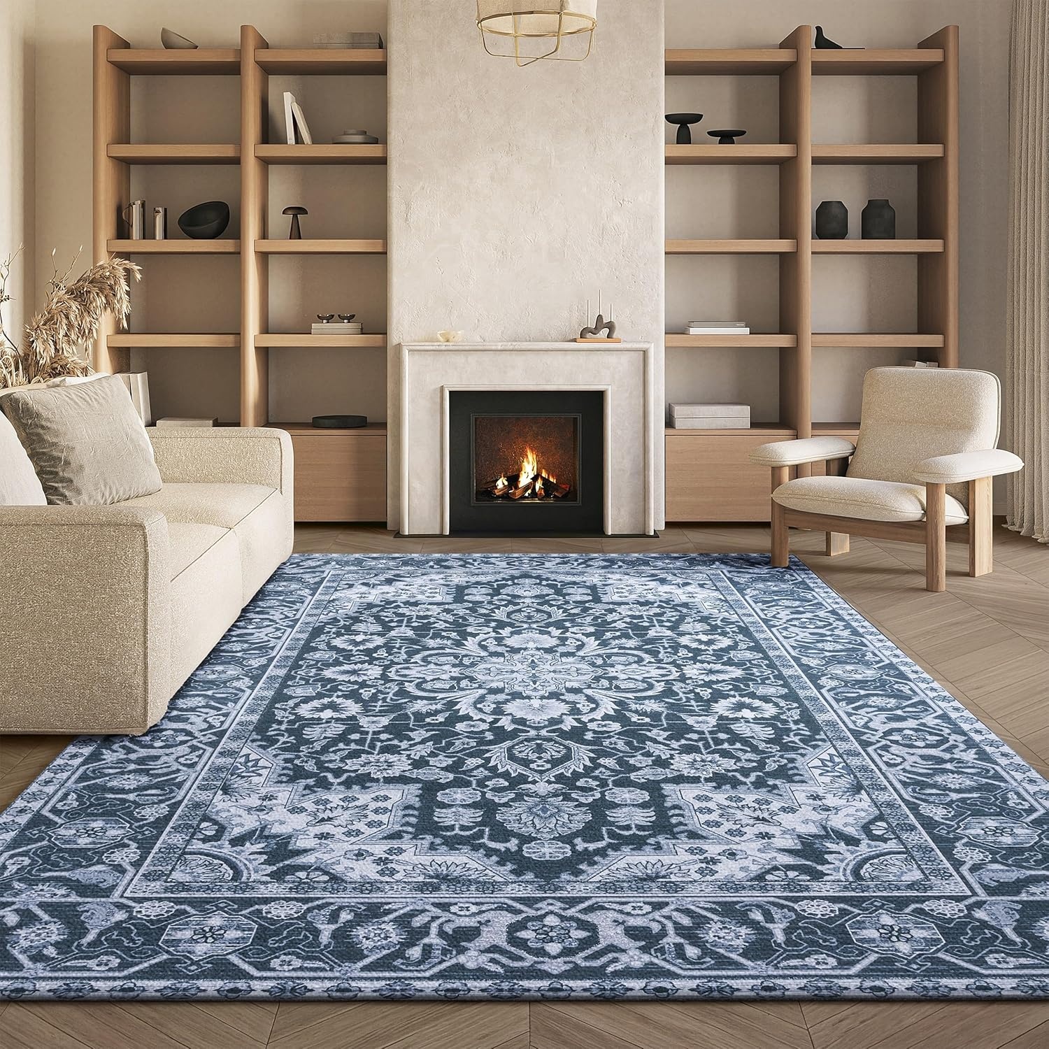 image:imageSAFAVIEH Washable Rug Tucson Collection 5 x 8 Light Blue amp Navy Slip Resistant amp Easy to Clean Ideal for Living Room Bedroom Dining Space TSN147MBlackBeige