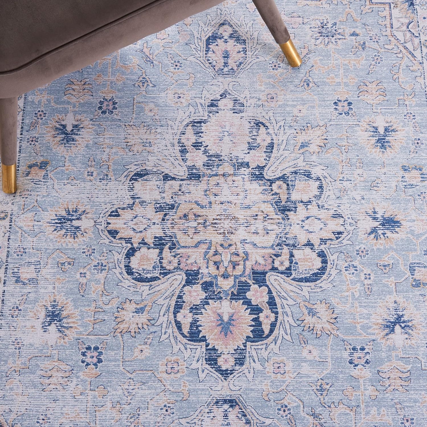 image:imageSAFAVIEH Washable Rug Tucson Collection 5 x 8 Light Blue amp Navy Slip Resistant amp Easy to Clean Ideal for Living Room Bedroom Dining Space TSN147MLight BlueNavy