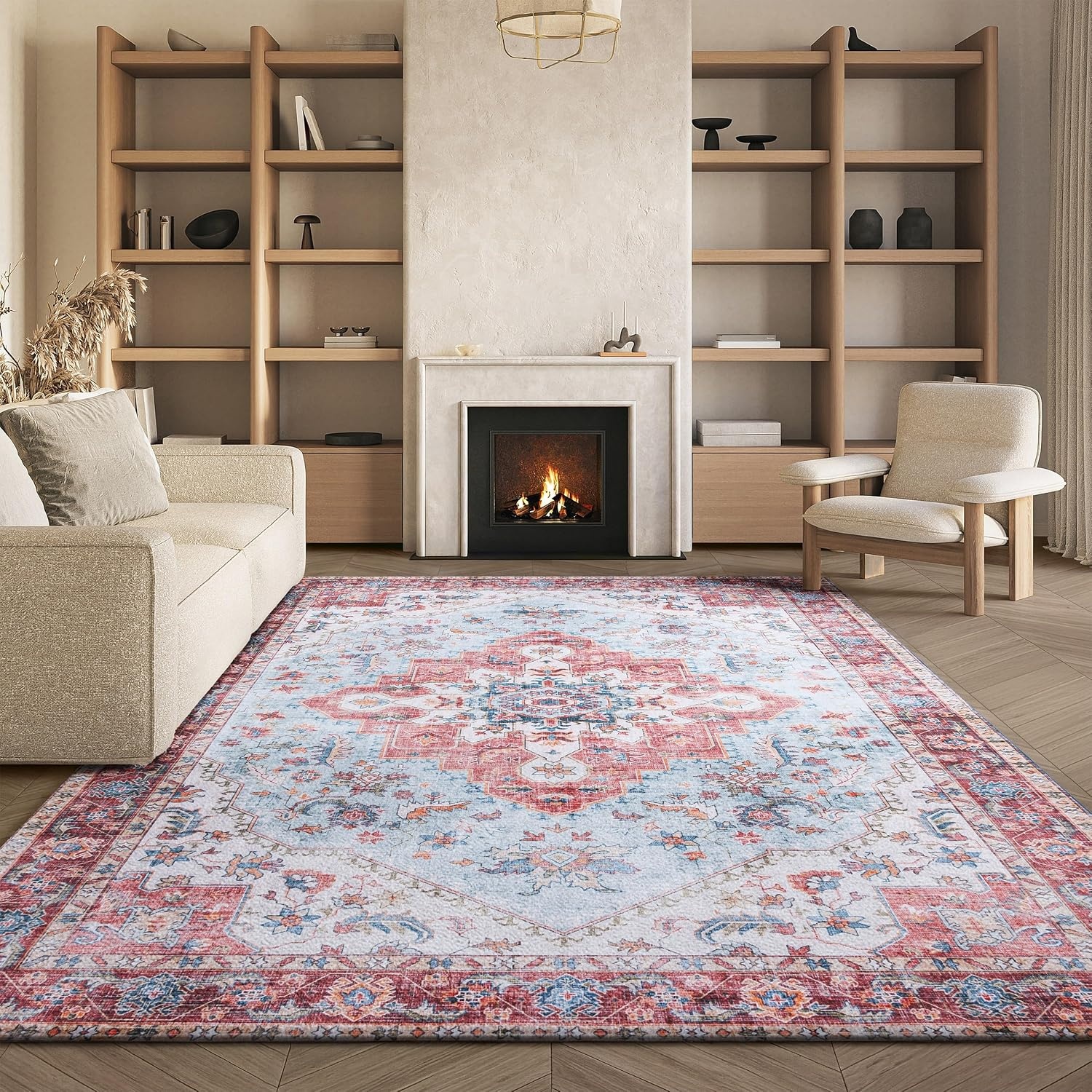 image:imageSAFAVIEH Washable Rug Tucson Collection 8 x 10 Red amp Blue Slip Resistant amp Easy to Clean Ideal for Living Room Bedroom Dining Space TSN148MRedBlue