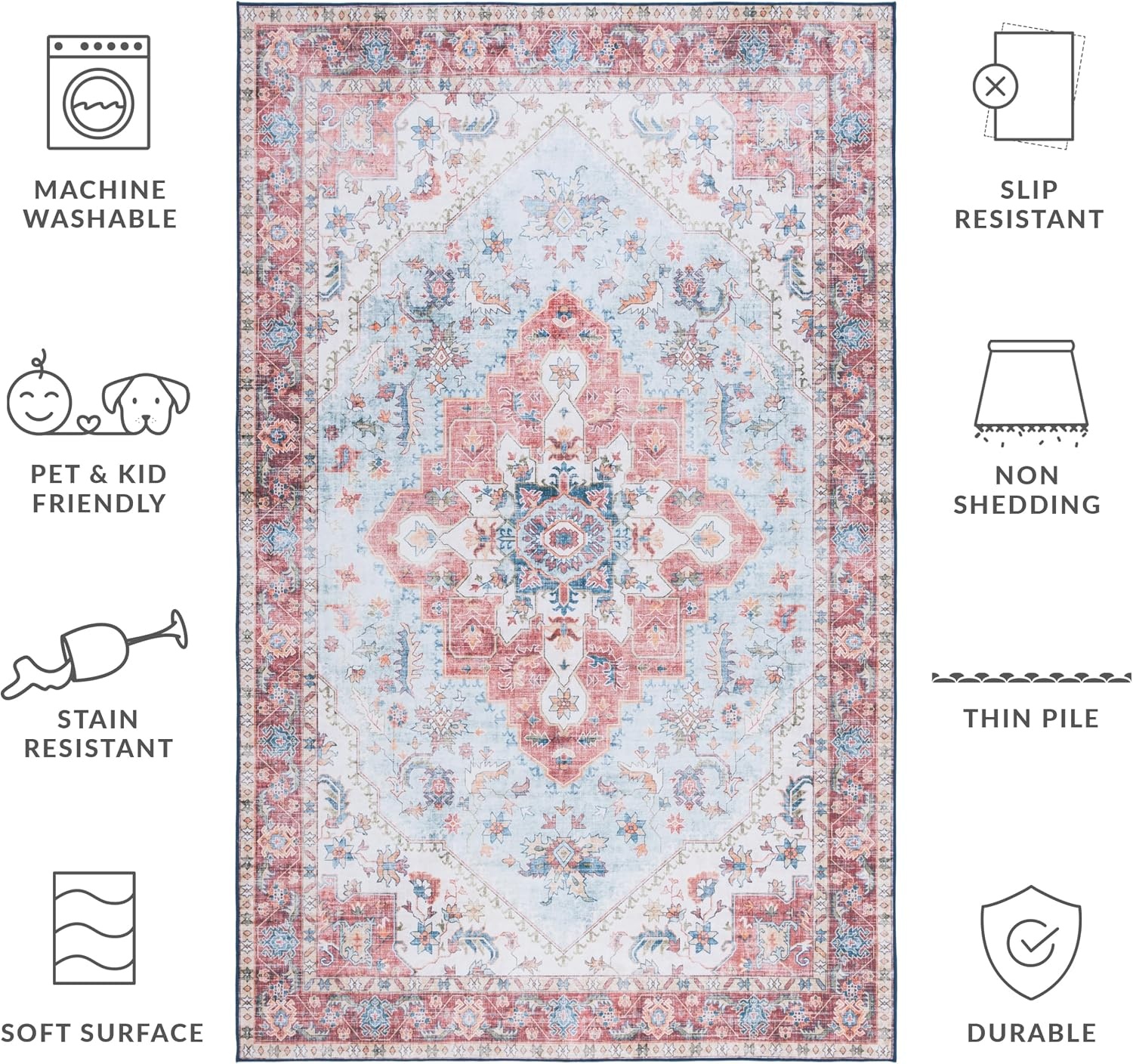 image:imageSAFAVIEH Washable Rug Tucson Collection 8 x 10 Red amp Blue Slip Resistant amp Easy to Clean Ideal for Living Room Bedroom Dining Space TSN148MRedBlue