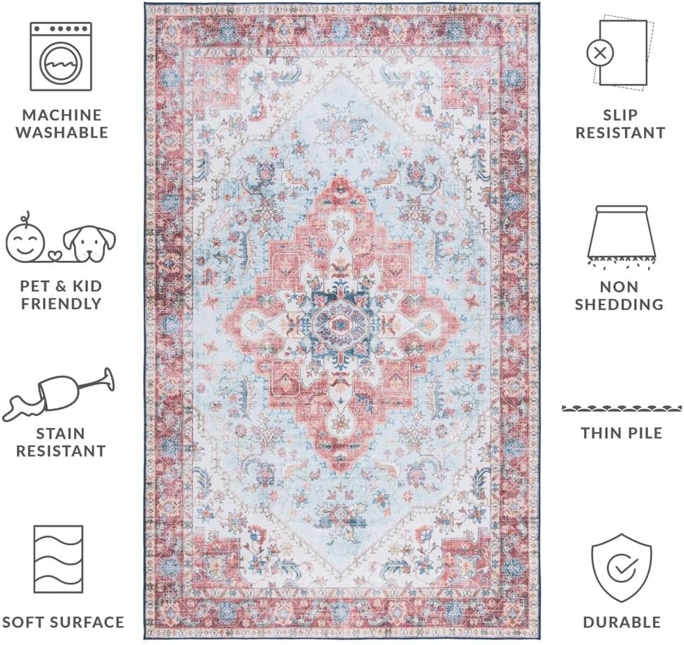 image:imageSAFAVIEH Washable Rug Tucson Collection 8 x 10 Red amp Blue Slip Resistant amp Easy to Clean Ideal for Living Room Bedroom Dining Space TSN148MRedBlue