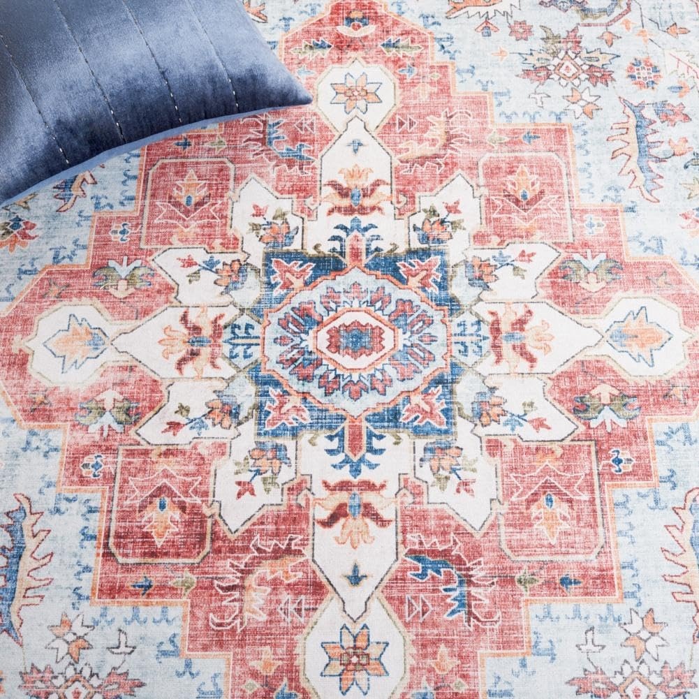 image:imageSAFAVIEH Washable Rug Tucson Collection 8 x 10 Red amp Blue Slip Resistant amp Easy to Clean Ideal for Living Room Bedroom Dining Space TSN148MRedBlue