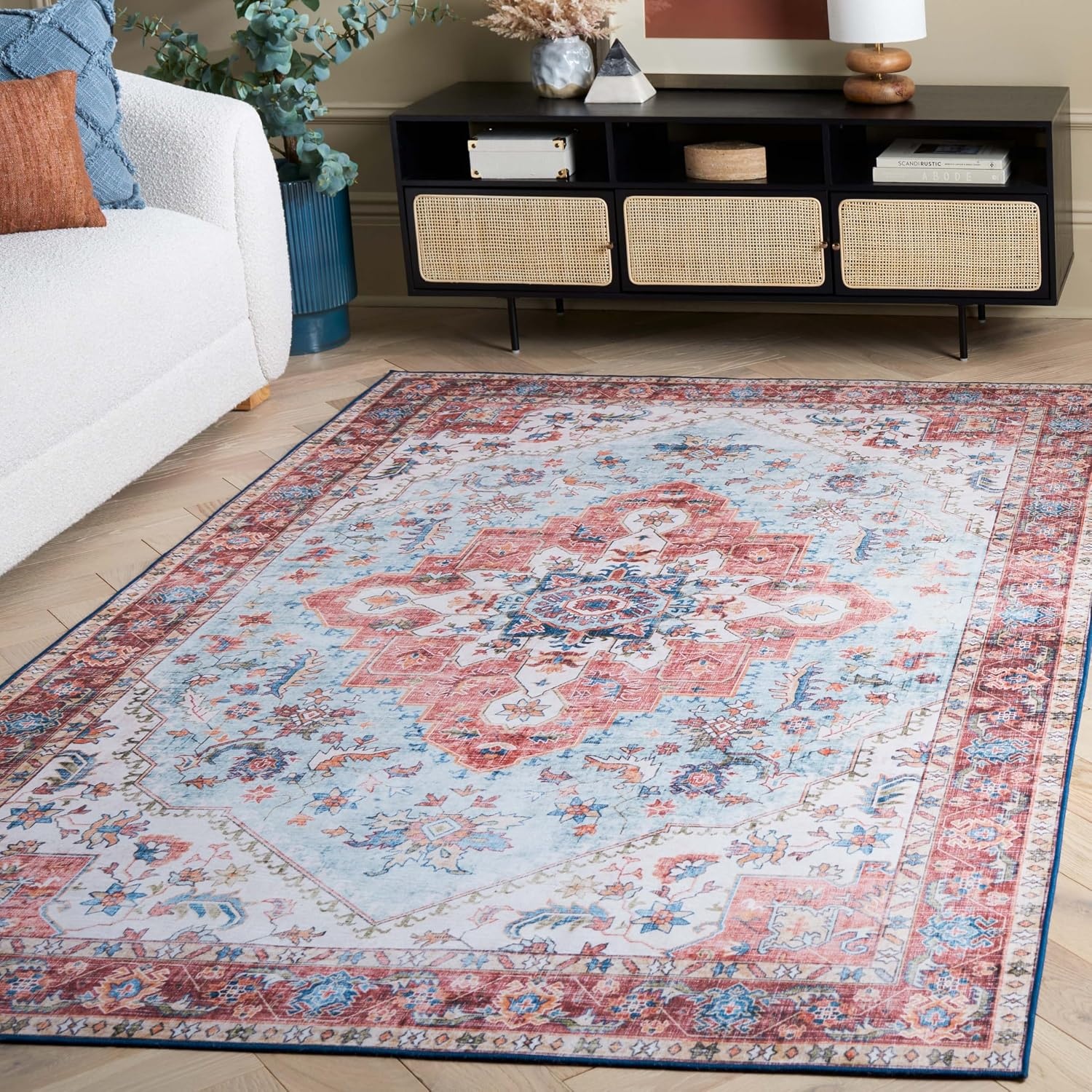 image:imageSAFAVIEH Washable Rug Tucson Collection 8 x 10 Red amp Blue Slip Resistant amp Easy to Clean Ideal for Living Room Bedroom Dining Space TSN148MRedBlue