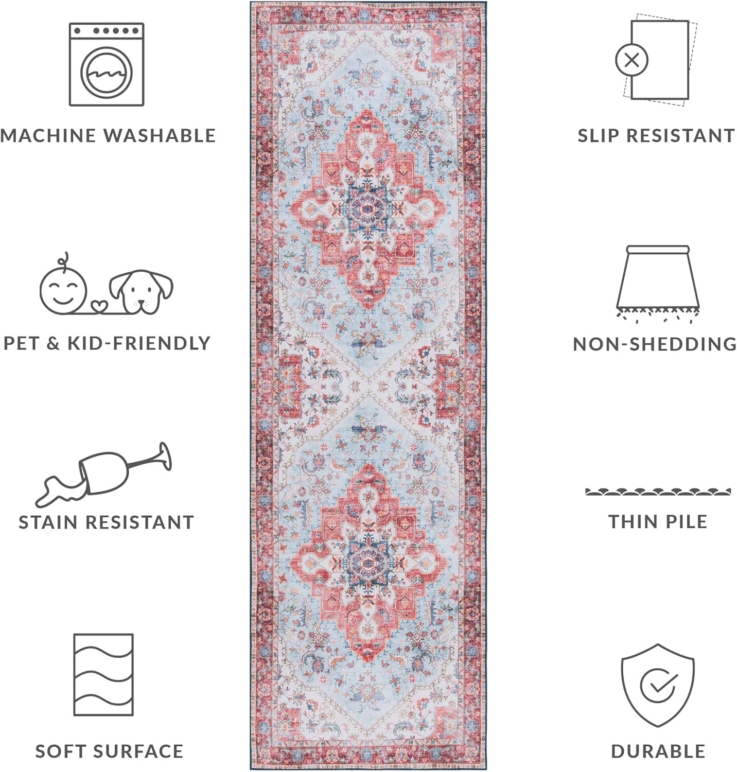 image:imageSAFAVIEH Washable Rug Tucson Collection 8 x 10 Red amp Blue Slip Resistant amp Easy to Clean Ideal for Living Room Bedroom Dining Space TSN148MRedBlue