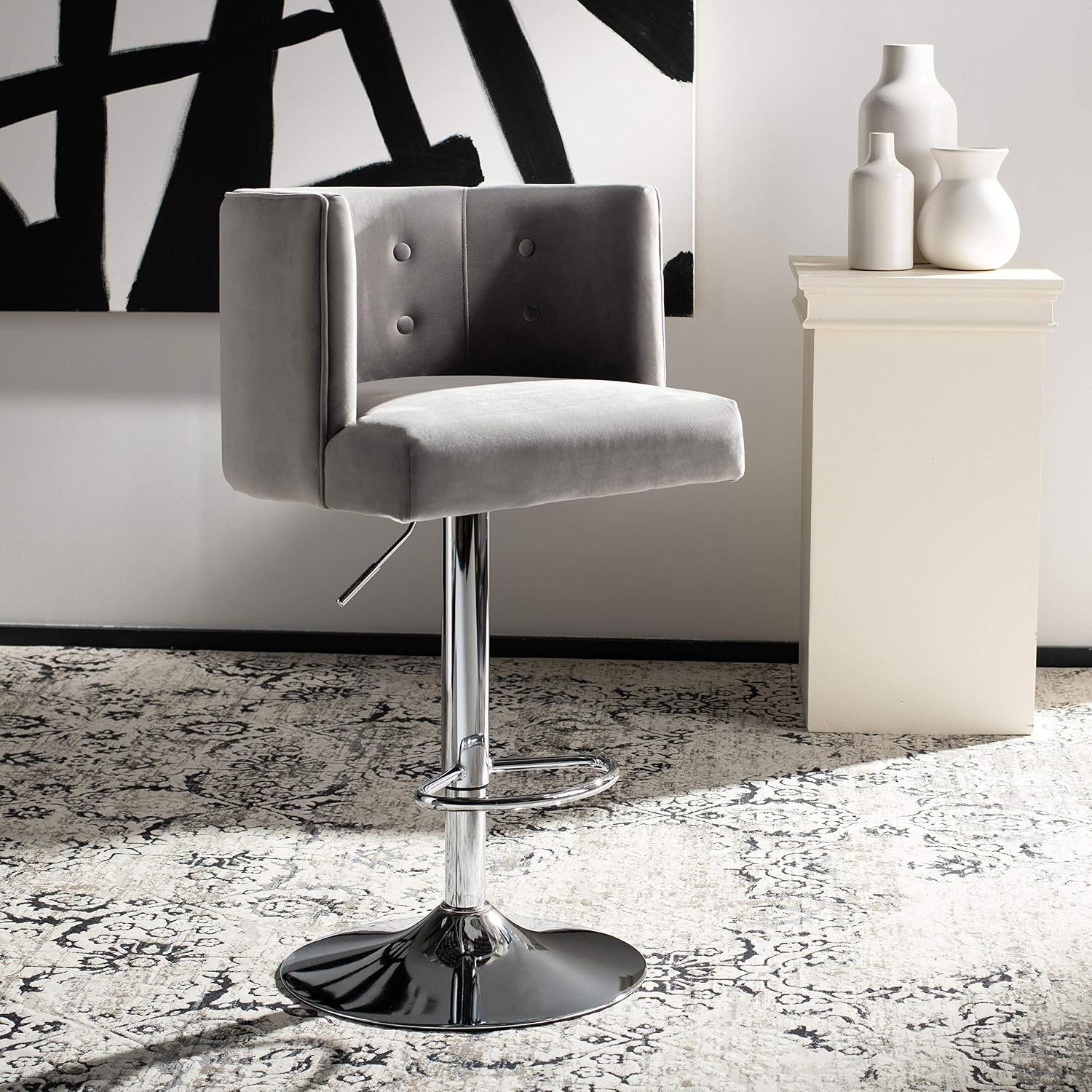 image:imageSafavieh Couture Zayna Glam Light Grey Velvet 26835 Adjustable Bar Stool Barstool GrayLight Grey