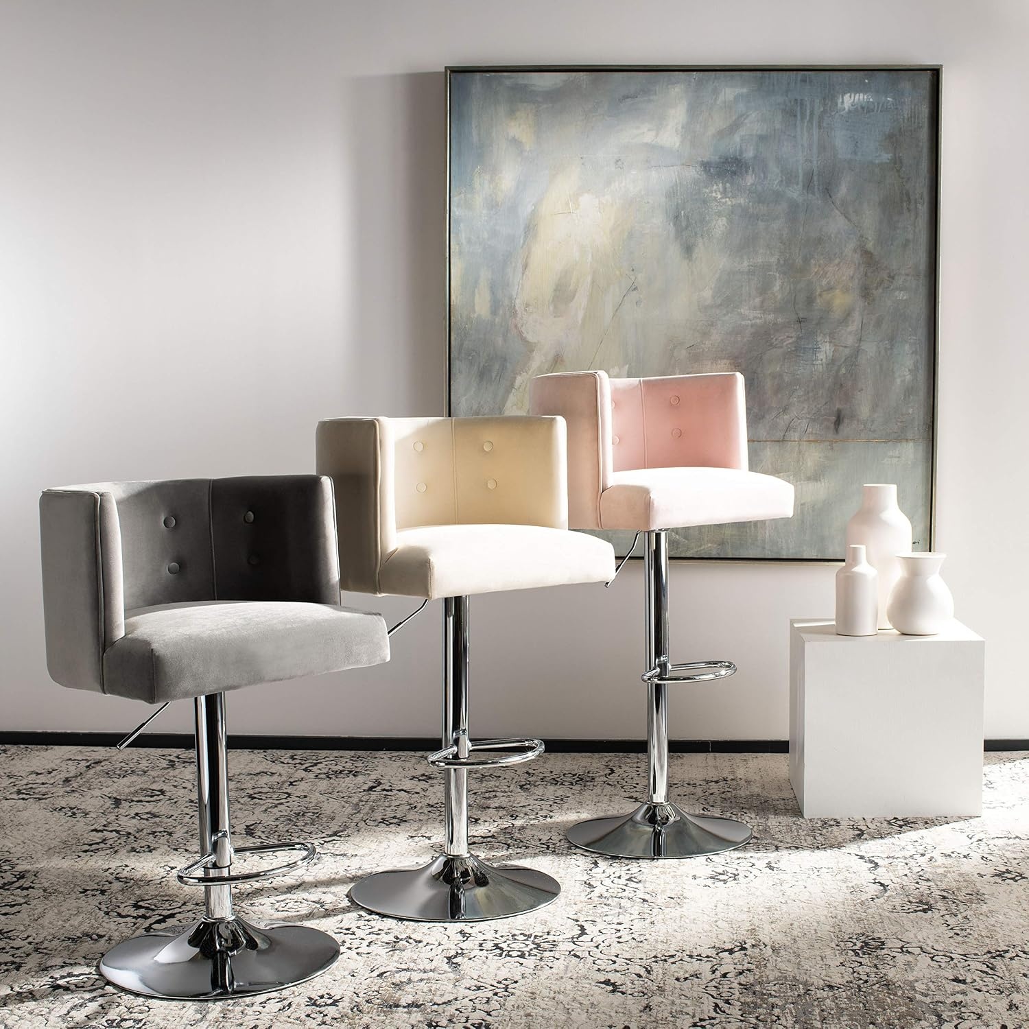 image:imageSafavieh Couture Zayna Glam Light Grey Velvet 26835 Adjustable Bar Stool Barstool GrayLight Pink
