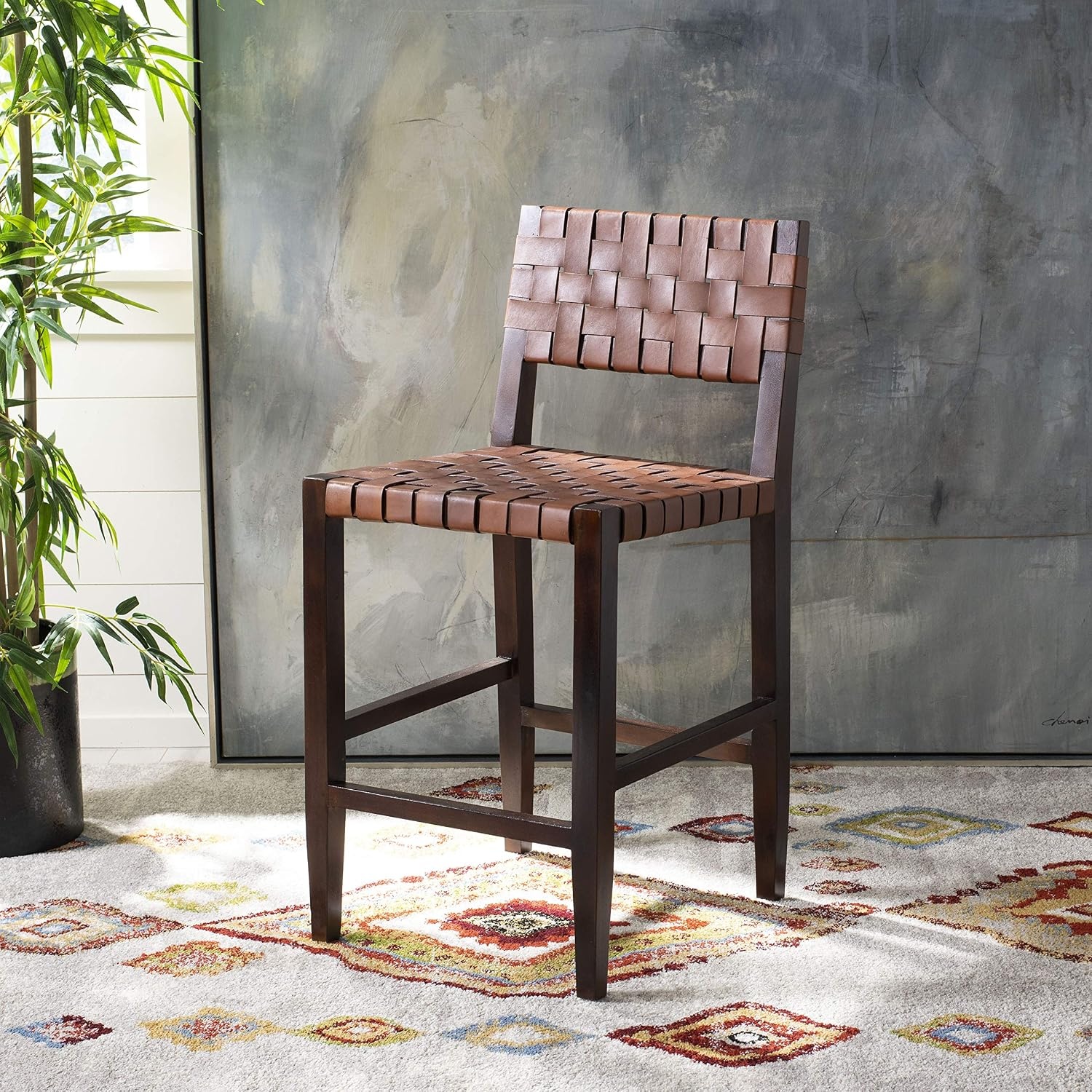 image:imageSafavieh Home Collection Paxton Cognac and Walnut Woven 24inch Leather Counter Stool