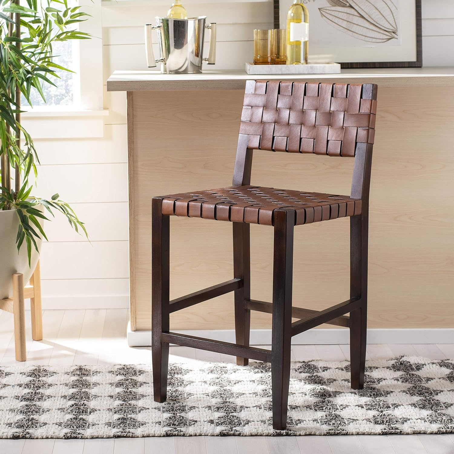 image:imageSafavieh Home Collection Paxton Cognac and Walnut Woven 24inch Leather Counter Stool