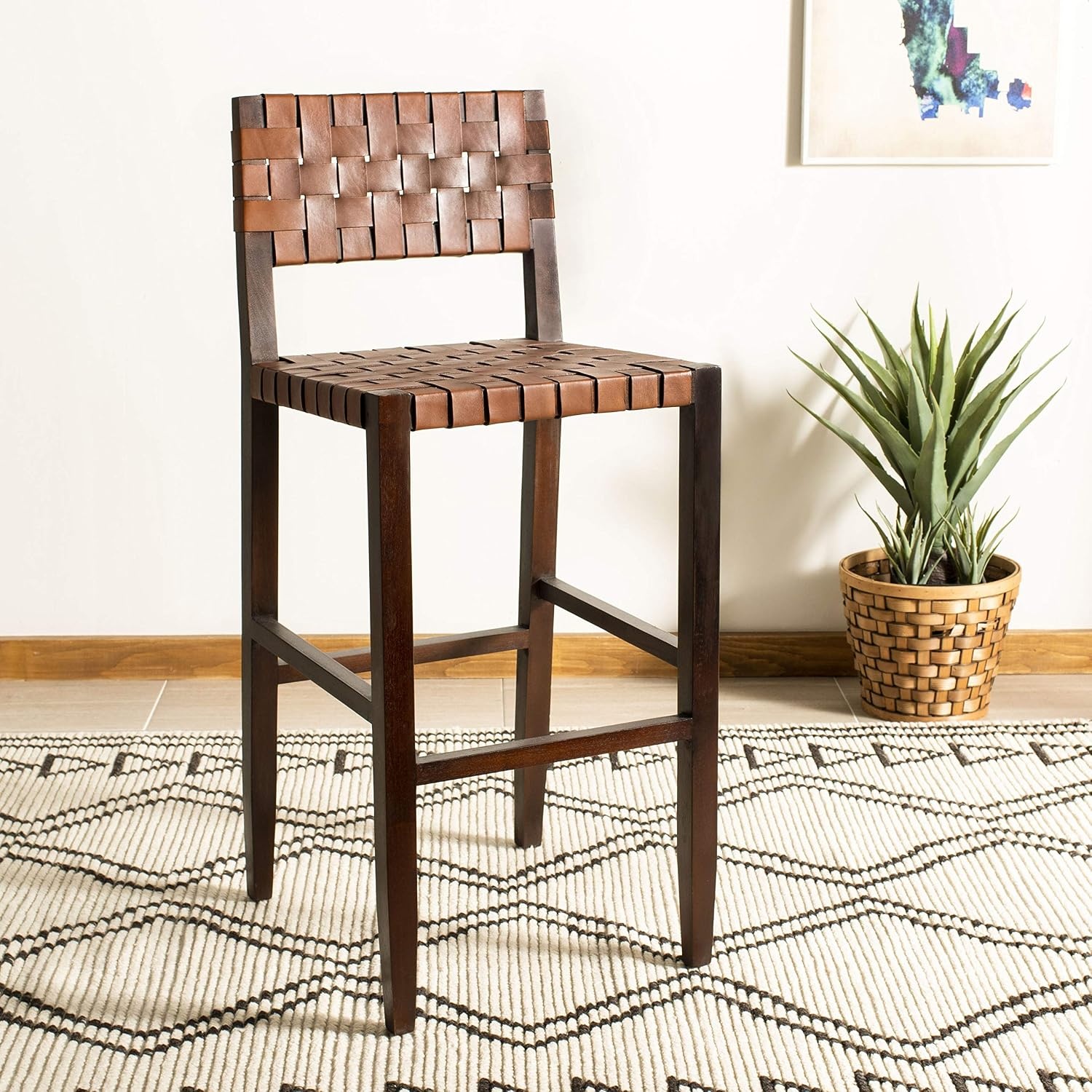 image:imageSafavieh Home Collection Paxton Cognac and Walnut Woven 30inch Leather Bar Stool