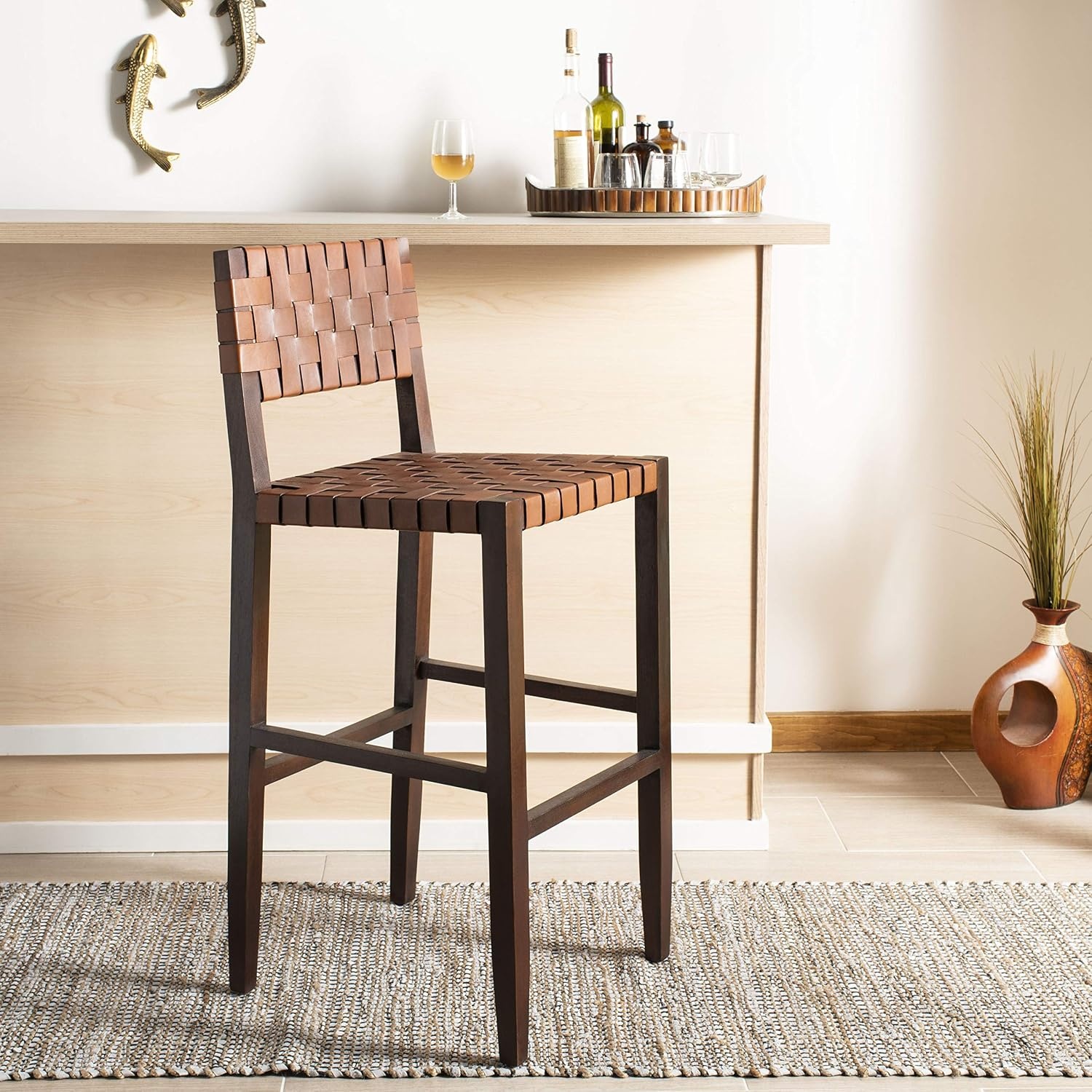 image:imageSafavieh Home Collection Paxton Cognac and Walnut Woven 30inch Leather Bar Stool
