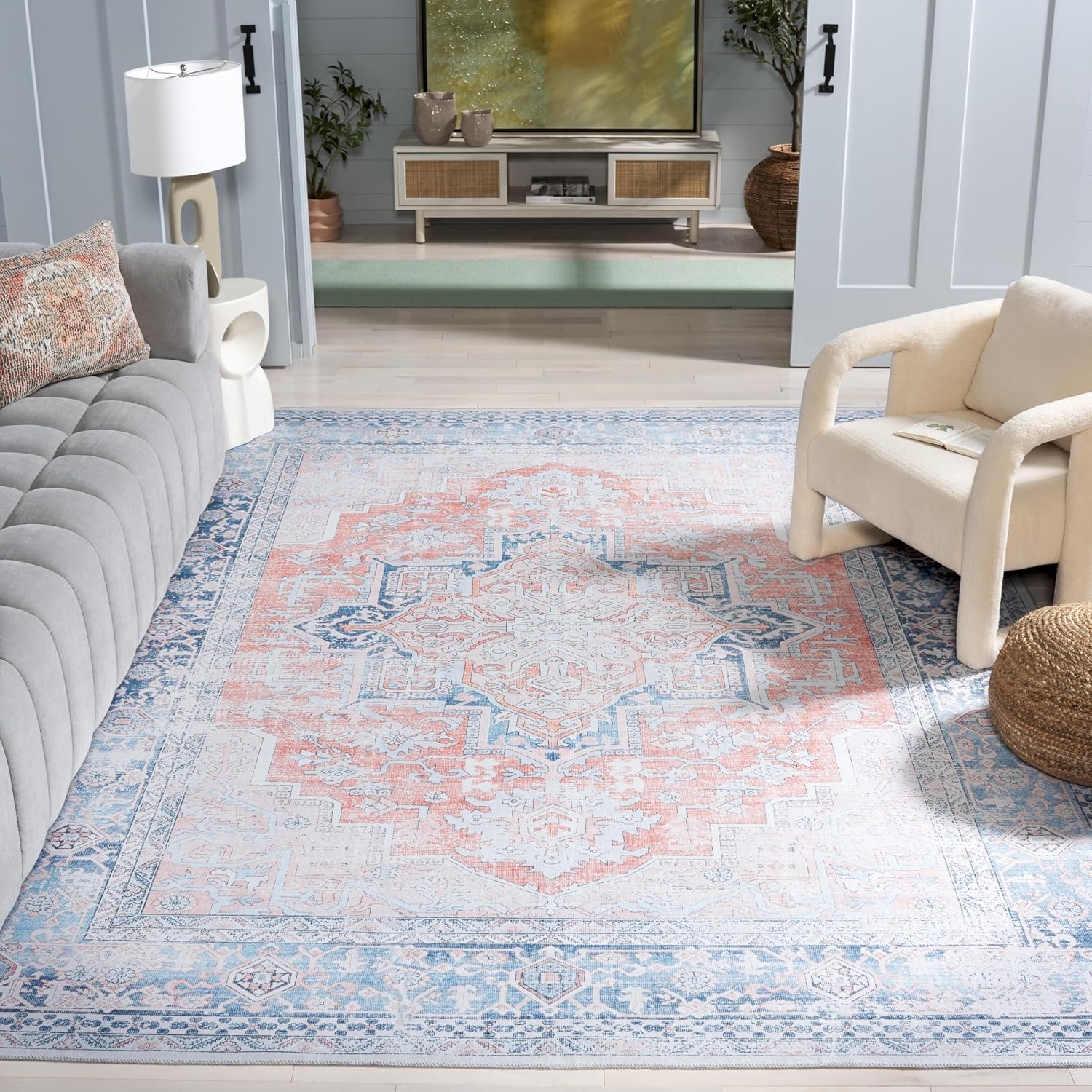image:imageSafavieh Washable Rug Arizona Collection 8 x 10 Rust amp Grey Slip Resistant amp Easy to Clean Ideal for Living Room Bedroom Home Office Dining Space ARZ223QRustNavy