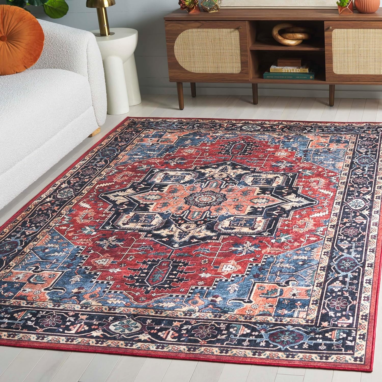 image:imageSafavieh Washable Rug Orlando Collection 5 x 76 Rust amp Blue NonShedding amp Easy to Clean Ideal for Living Room Bedroom Dining Space ORL762PRustBlue