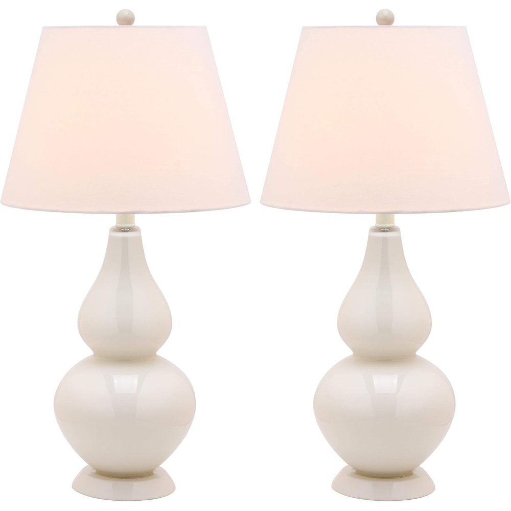 image:imageSAFAVIEH Lighting Collection Cybil Modern Contemporary Blood Orange Double Gourd Glass 27inch Bedroom Living Room Home Office Desk Nightstand Table Lamp Set of 2 LED Bulbs IncludedPearl Grey Set of 2