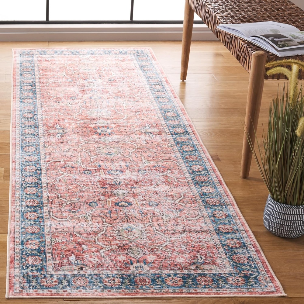 image:imageSAFAVIEH Washable Rug Arizona Collection  8 x 10 Rust amp Aqua Slip Resistant amp Easy to Clean Ideal for Living Room Bedroom Home Office Dining Space ARZ559QRustAqua
