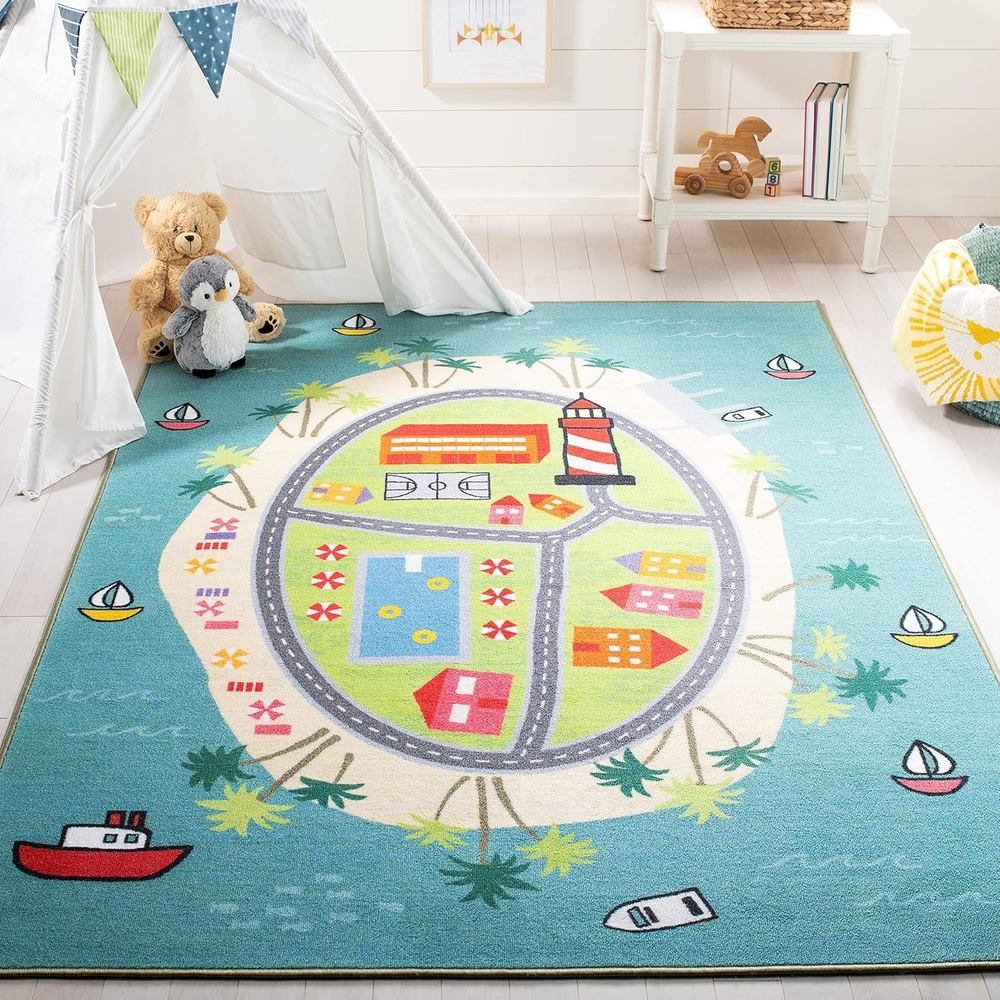 image:imageSAFAVIEH Washable Rug Kids Playhouse Collection 33 x 53 Blue amp Green Slip Resistant amp Easy to Clean Ideal for Kids Room Playroom Nursery Boys amp Girls Room KPH202MBlueGreen