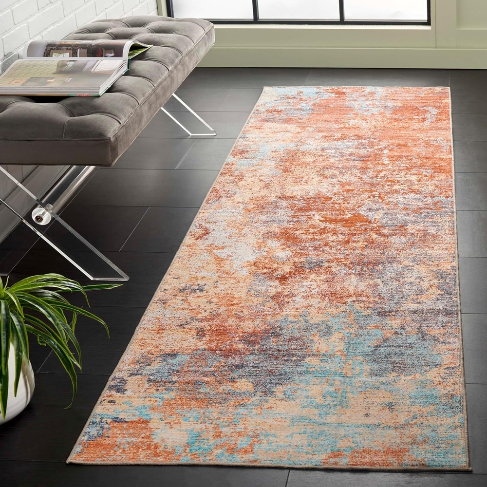 image:imageSAFAVIEH Washable Rug Malibu Collection 5 x 8 Beige amp Turquoise Slip Resistant amp Easy Cleaning Ideal for Living Room Bedroom Home Office Nursery Kids Playroom Dining Space MBU943BRustAqua