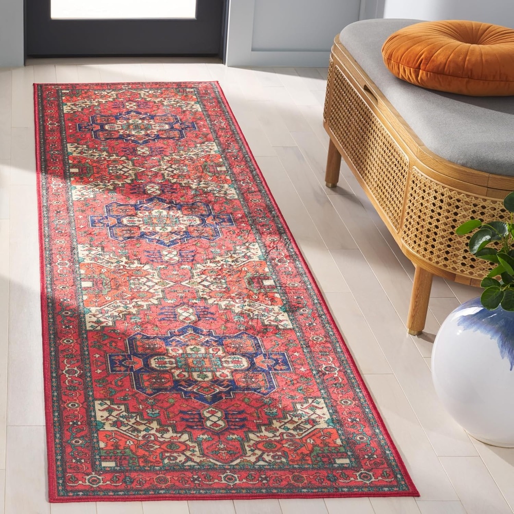 image:imageSAFAVIEH Washable Rug Orlando Collection 5 x 76 Red amp Beige NonShedding amp Easy to Clean Ideal for Living Room Bedroom Dining Space ORL758QRedBeige