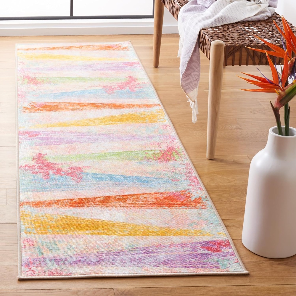 image:imageSAFAVIEH Washable Rug Paint Brush Collection 55 x 76 Pink amp Blue Slip Resistant amp Easy to Clean Ideal for Living Room Bedroom Nursery Kids Playroom Dining Space PTB173UPinkBlue