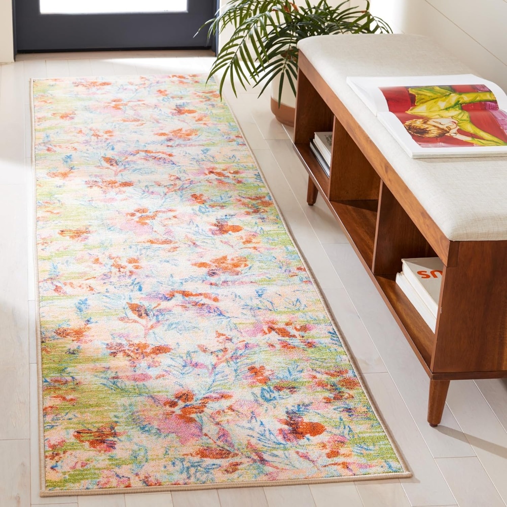 image:imageSAFAVIEH Washable Rug Paint Brush Collection 89 x 12 Blue amp Blush Pink Slip Resistant amp Easy to Clean Ideal for Living Room Bedroom Nursery Kids Playroom Dining Space PTB159MBlueBlush Pink