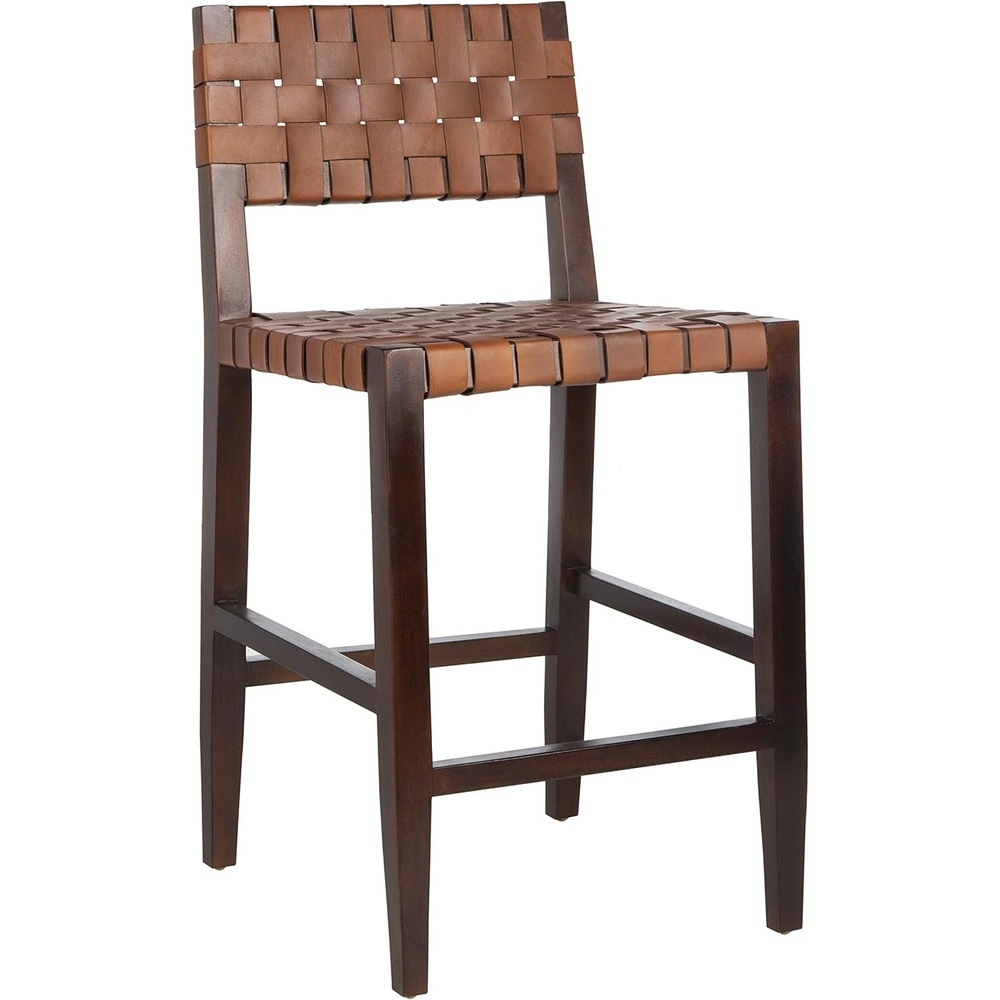 image:imageSafavieh Home Collection Paxton Cognac and Walnut Woven 24inch Leather Counter Stool