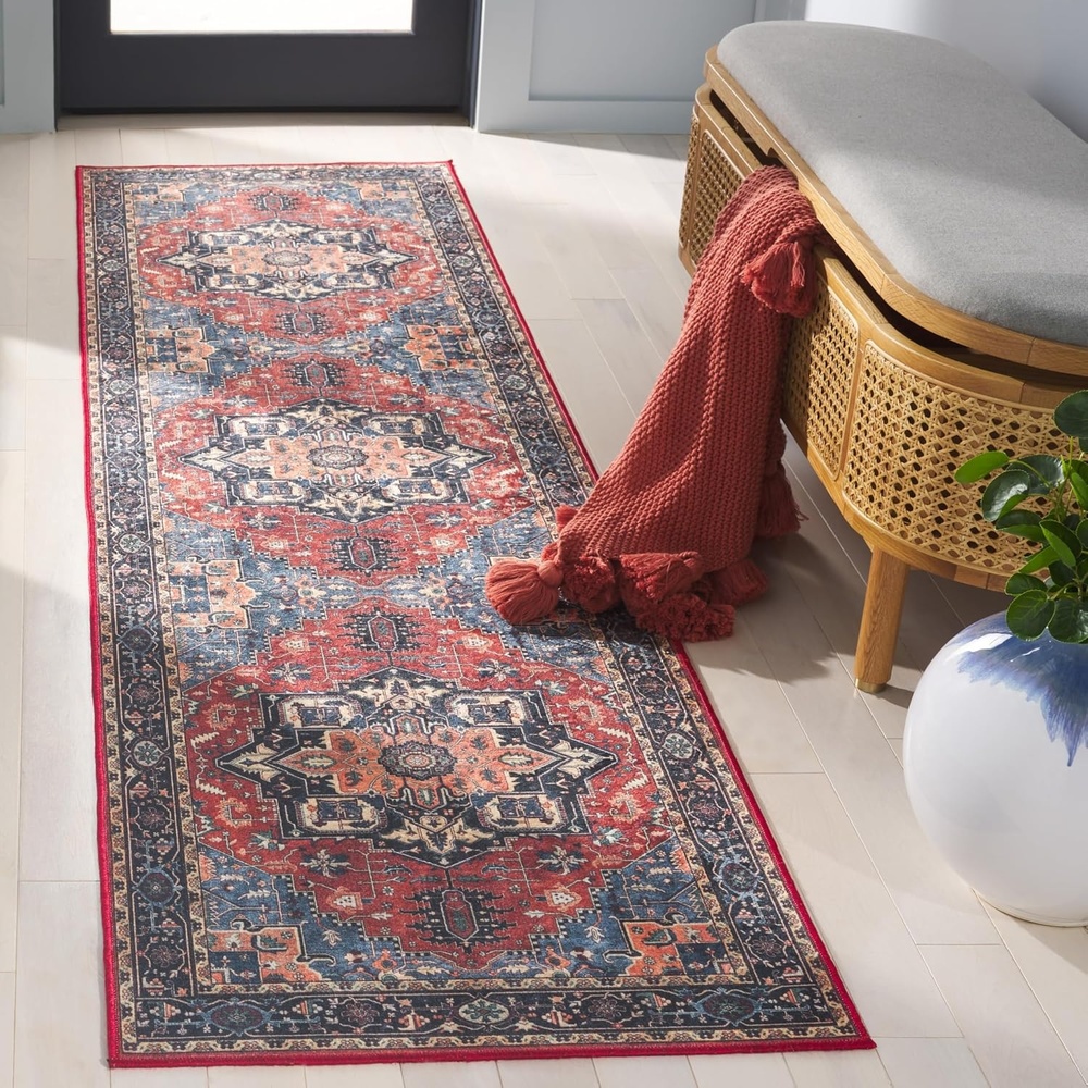 image:imageSafavieh Washable Rug Orlando Collection 5 x 76 Rust amp Blue NonShedding amp Easy to Clean Ideal for Living Room Bedroom Dining Space ORL762PRustBlue