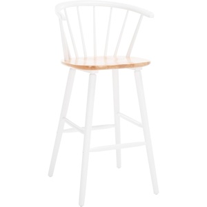SAFAVIEH Home Collection Blanchard Farmhouse Natural/White Solid Wood Windsor Spindle 29-inch Seat Height Bar Stool Set of 2(Natural/White)