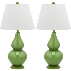 SAFAVIEH Lighting Collection Cybil Modern Contemporary Blood Orange Double Gourd Glass 27-inch Bedroom Living Room Home Office Desk Nightstand Table Lamp Set of 2 (LED Bulbs Included)(Green – Set of 2)