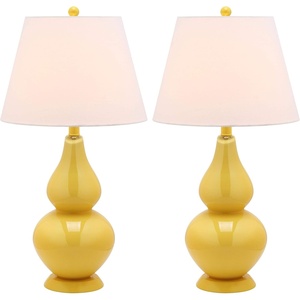 SAFAVIEH Lighting Collection Cybil Modern Contemporary Blood Orange Double Gourd Glass 27-inch Bedroom Living Room Home Office Desk Nightstand Table Lamp Set of 2 (LED Bulbs Included)(Yellow)
