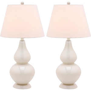 SAFAVIEH Lighting Collection Cybil Modern Contemporary Blood Orange Double Gourd Glass 27-inch Bedroom Living Room Home Office Desk Nightstand Table Lamp Set of 2 (LED Bulbs Included)(Pearl Grey – Set of 2)