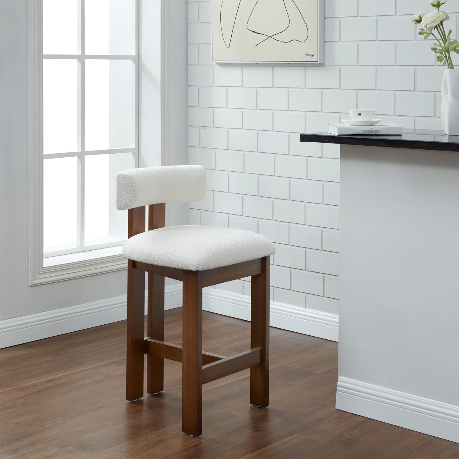 image:imageSAFAVIEH Couture Collection Macey IvoryWalnut Boucle 26inch Seat Height Counter Stool