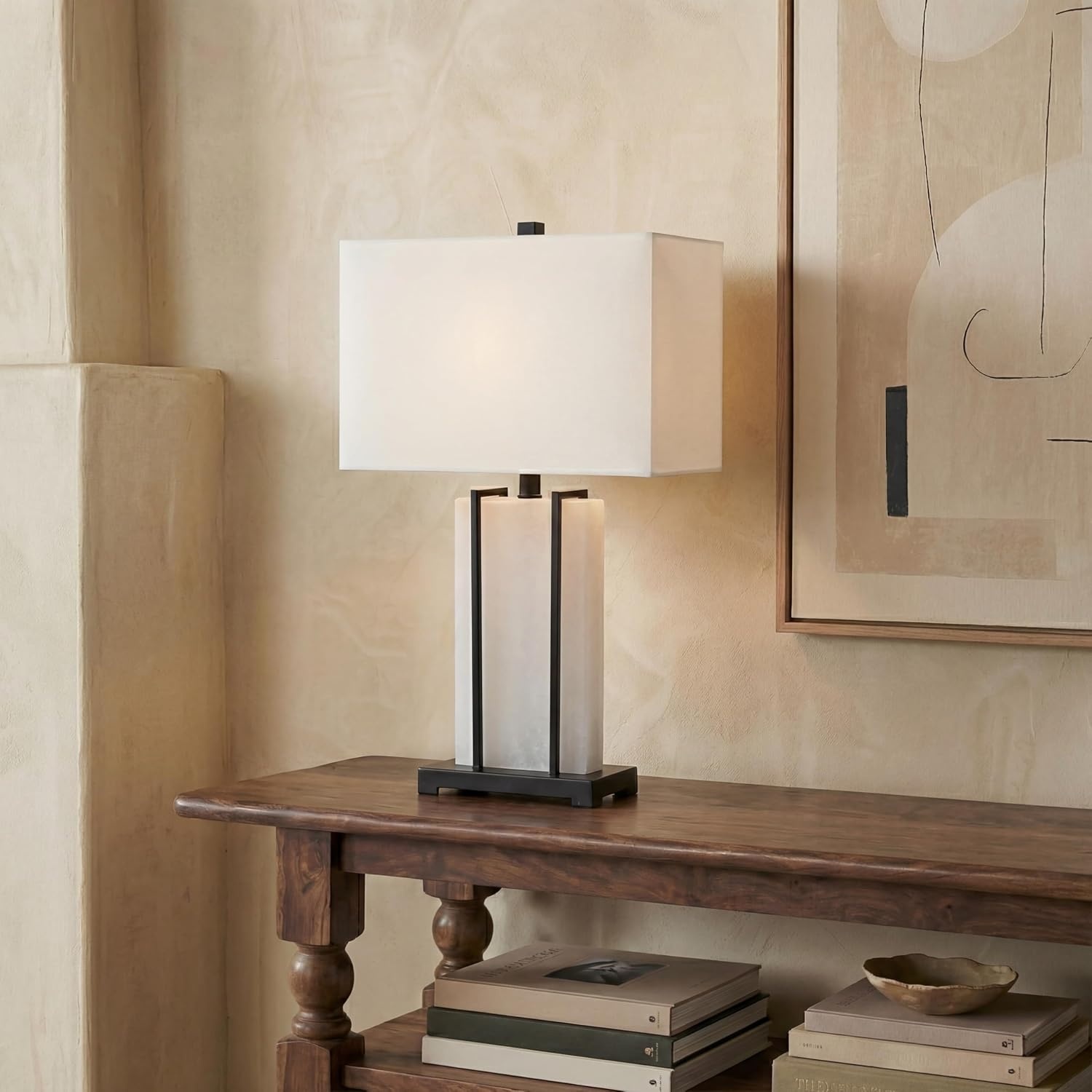 image:imageSAFAVIEH Couture Lighting Collection Fantasia BlackWhite Alabaster 28inch Table Lamp LED Bulbs Included