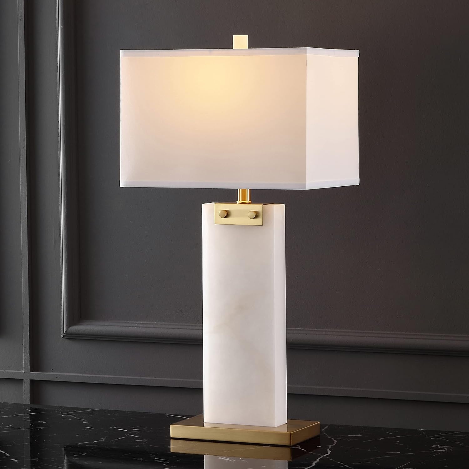 image:imageSAFAVIEH Couture Lighting Collection Morgen Handmade GoldWhite Alabaster 30inch Table Lamp