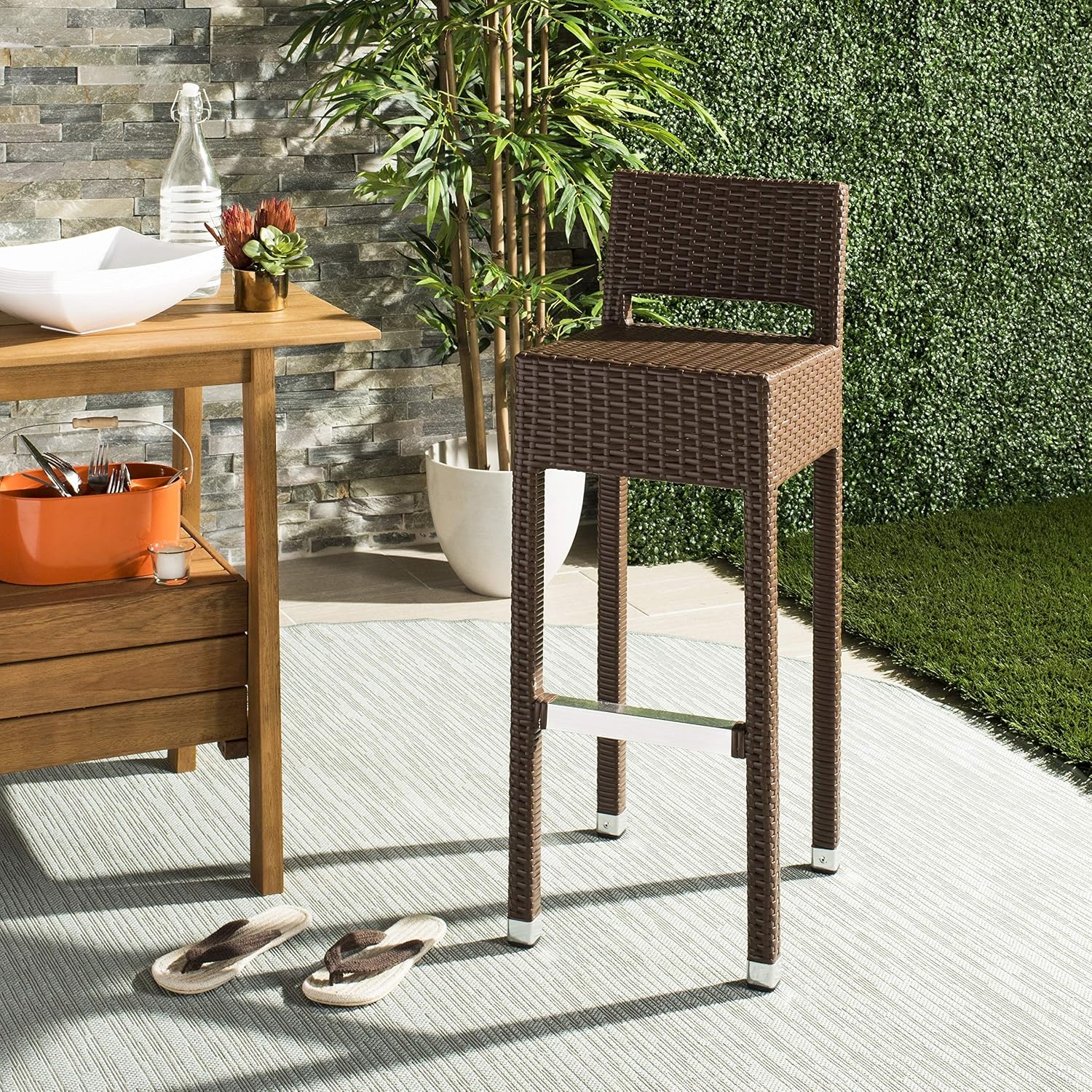 image:imageSAFAVIEH FOX5212A Collection Landry Black IndoorOutdoor Bar StoolBrown