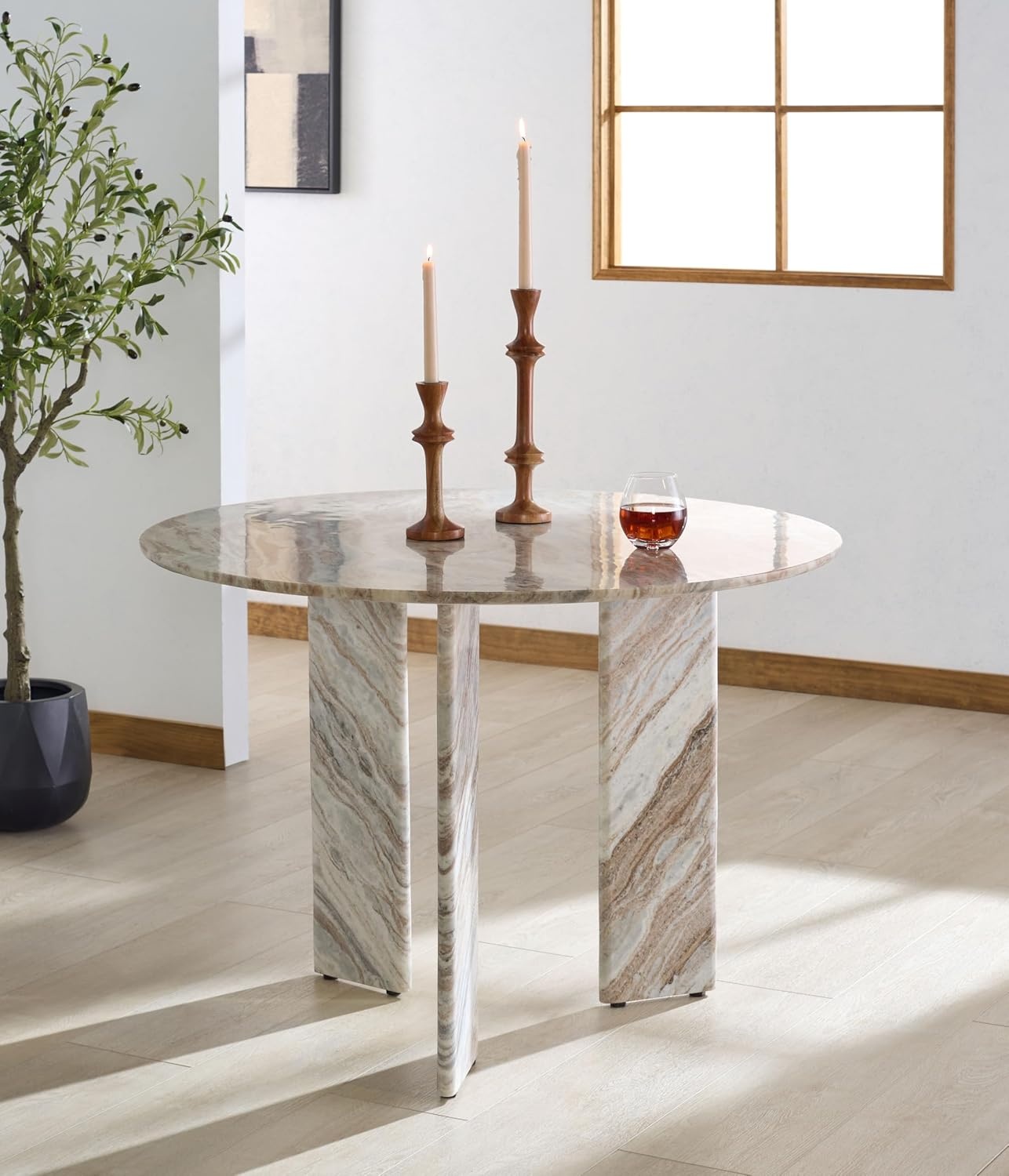 image:imageSAFAVIEH Home Collection Bindi White amp Brown Marble Dining Table Round 3Leg Pedestal Base Modern Statement Design SFV9752AWhiteBrown