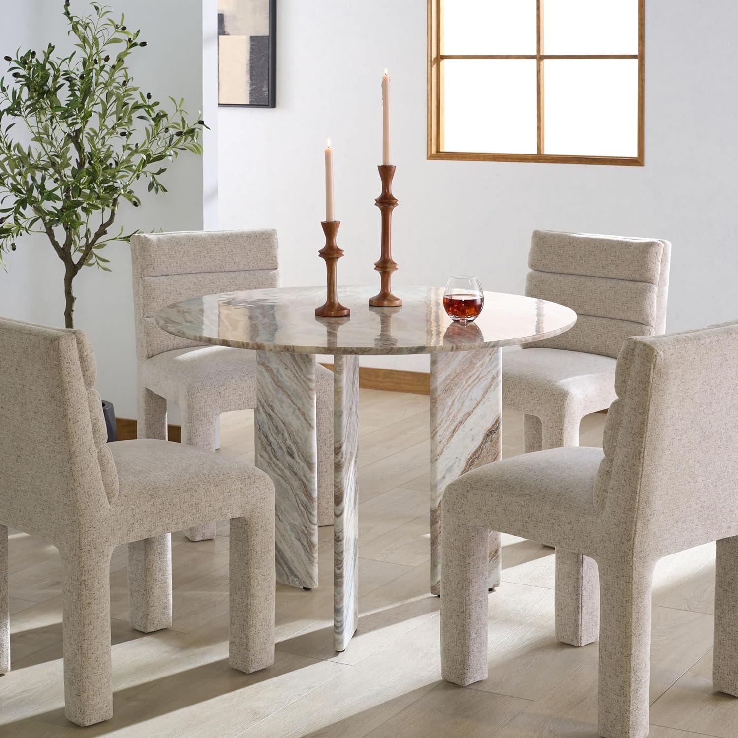 image:imageSAFAVIEH Home Collection Bindi White amp Brown Marble Dining Table Round 3Leg Pedestal Base Modern Statement Design SFV9752AWhiteBrown