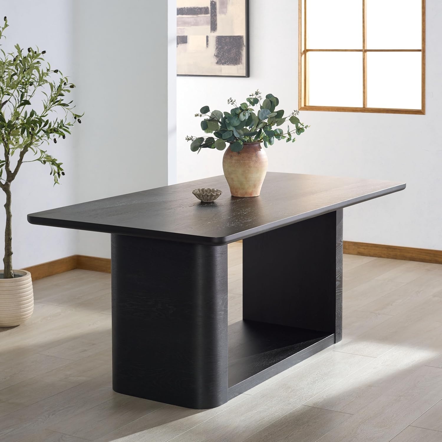 image:imageSAFAVIEH Home Collection Howard Natural Oak Wood Dining Table Modern Rectangle Pedestal Base Contemporary Design SFV7250ABlack
